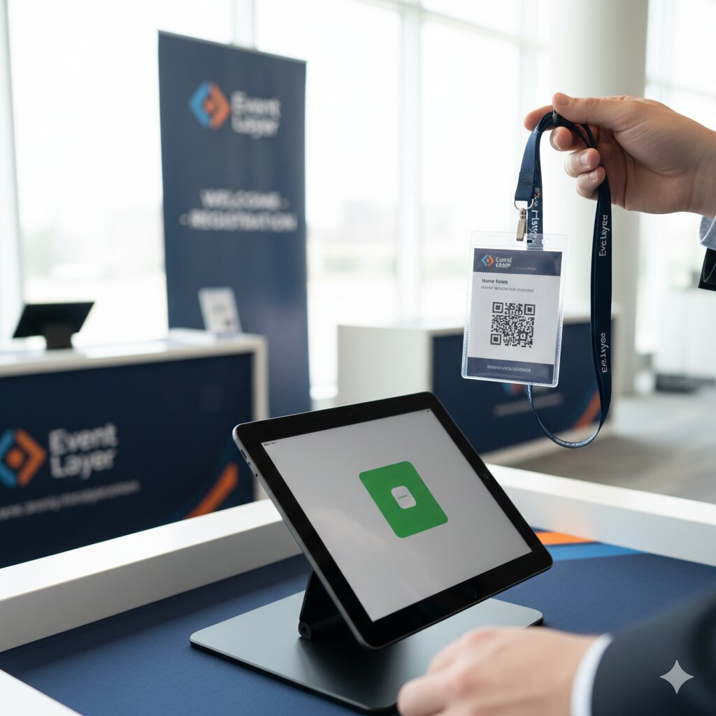 Conference attendee scanning badge at registration