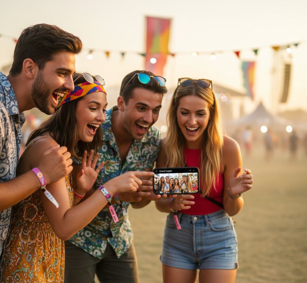 Happy festival attendees excited discovering their photos together