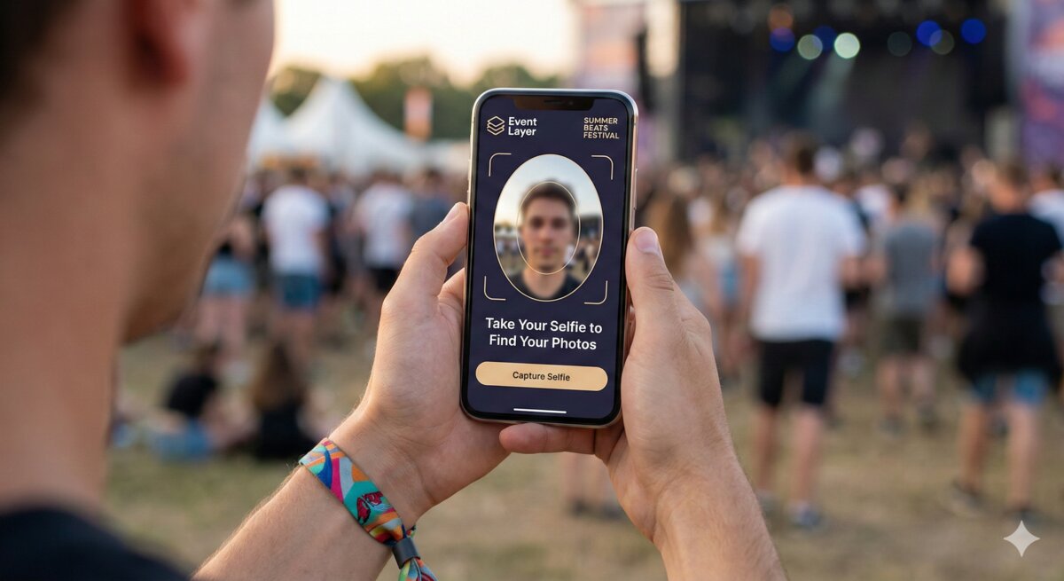 Event Layer selfie registration interface on smartphone