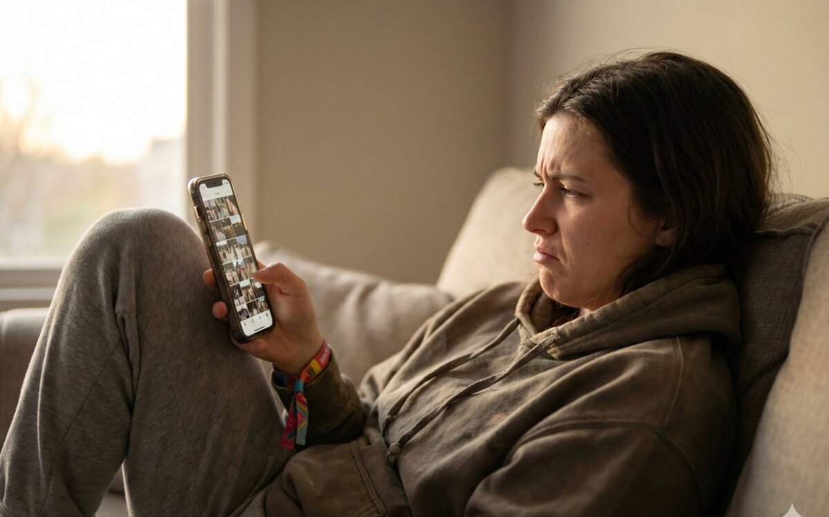 Frustrated festival attendee endlessly scrolling through generic photo gallery