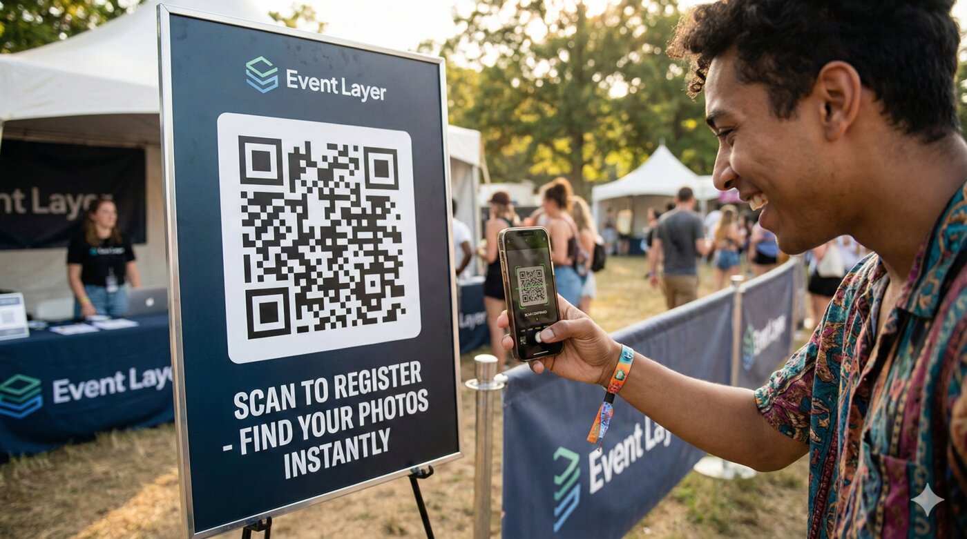 Festival attendee scanning QR code for Event Layer photo registration