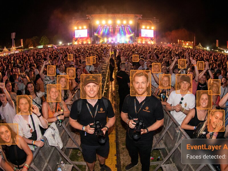 Festival crowd with EventLayer AI face detection bounding boxes overlay