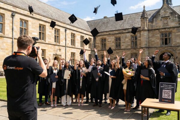 EventLayer photographer capturing graduates throwing mortarboards at a graduation ceremony