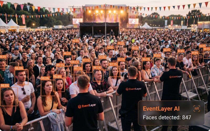 EventLayer AI facial recognition scanning faces in a festival crowd with orange detection bounding boxes