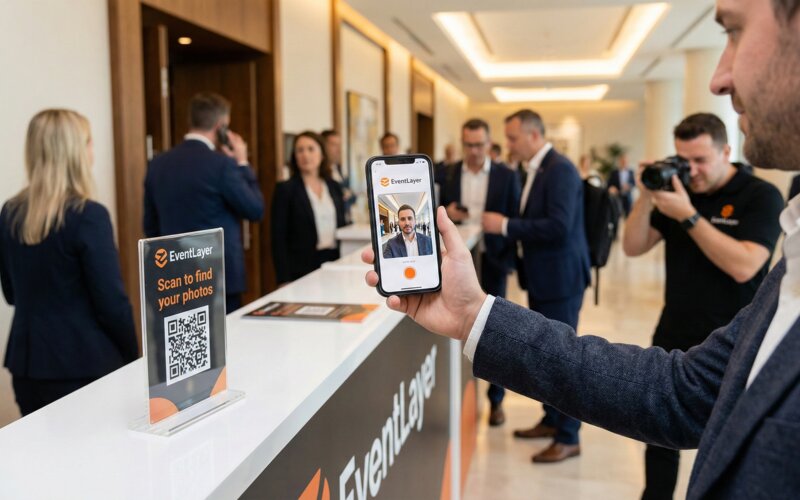 Conference attendee registering with a selfie at an EventLayer QR code check-in station