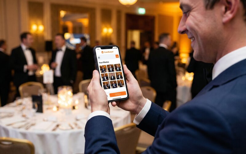 Person viewing their personalised EventLayer photo gallery on a smartphone at a corporate gala
